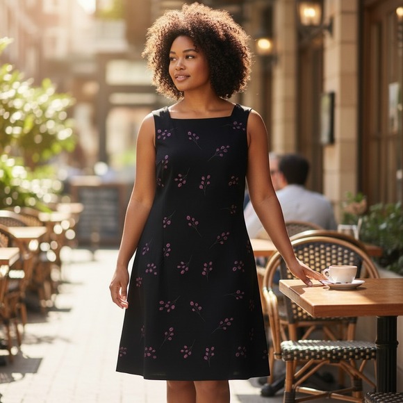 Jones New York Dresses & Skirts - 284. Jones New York Dress Black Pink Floral Embroidered Square Neck A-Line